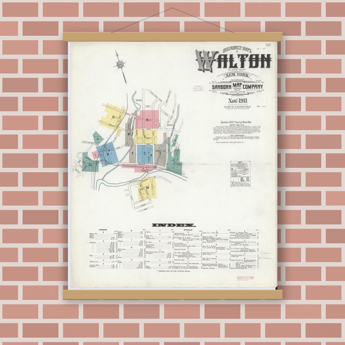 Old map wall art mockup — magnetic wood frame on brick wall — Sanborn Fire Insurance Map from Walton, Delaware County, New York (1911), Sheet #0001