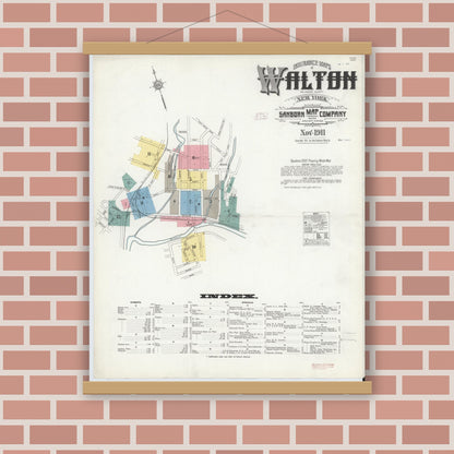Old map wall art mockup — magnetic wood frame on brick wall — Sanborn Fire Insurance Map from Walton, Delaware County, New York (1911), Sheet #0001