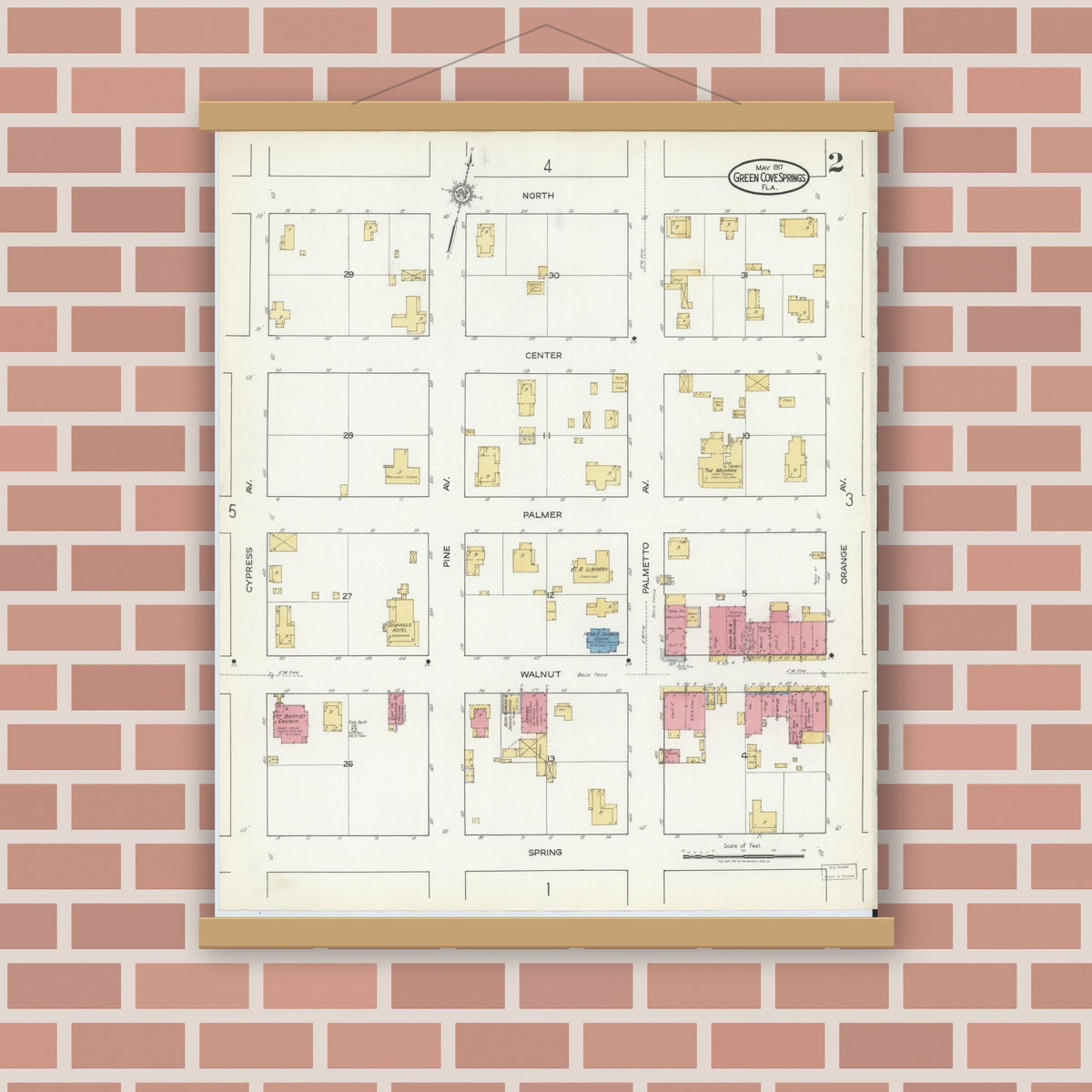 Old map wall art mockup — magnetic wood frame on brick wall — Sanborn Fire Insurance Map from Green Cove Springs, Clay County, Florida (1917), Sheet #0002