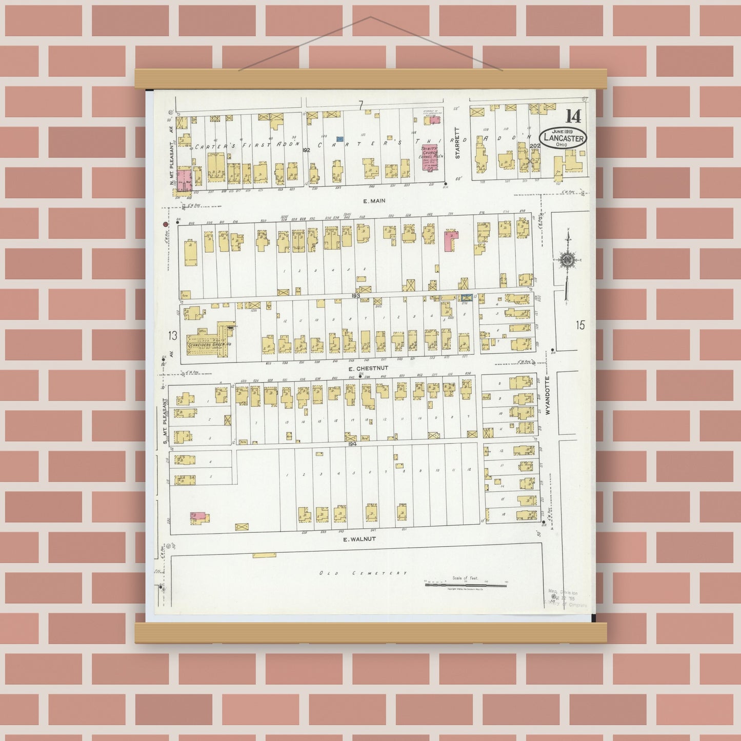 Old map wall art mockup — magnetic wood frame on brick wall — Sanborn Fire Insurance Map from Lancaster, Fairfield County, Ohio (1919), Sheet #0014