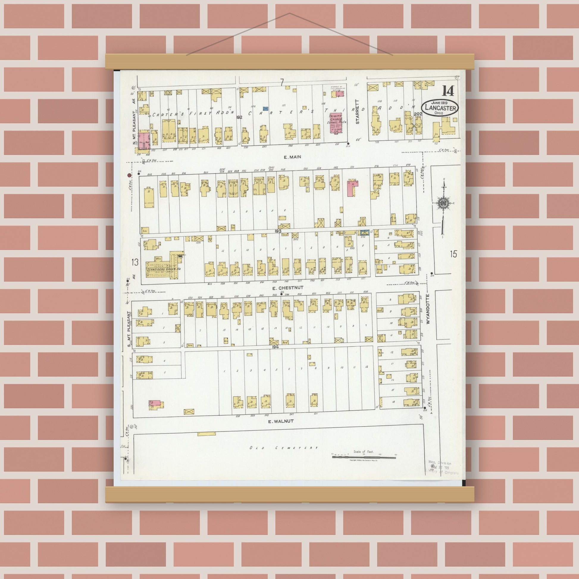 Old map wall art mockup — magnetic wood frame on brick wall — Sanborn Fire Insurance Map from Lancaster, Fairfield County, Ohio (1919), Sheet #0014