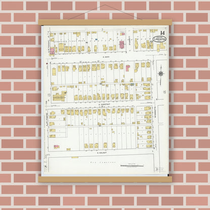 Old map wall art mockup — magnetic wood frame on brick wall — Sanborn Fire Insurance Map from Lancaster, Fairfield County, Ohio (1919), Sheet #0014