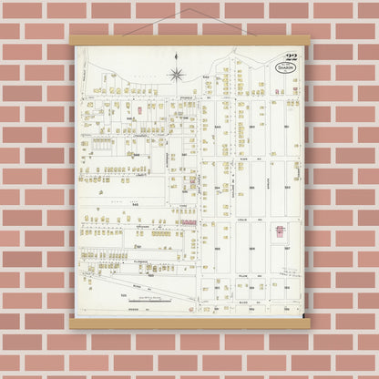 Old map wall art mockup — magnetic wood frame on brick wall — Sanborn Fire Insurance Map from Sharon, Mercer County, Pennsylvania (1908), Sheet #0022