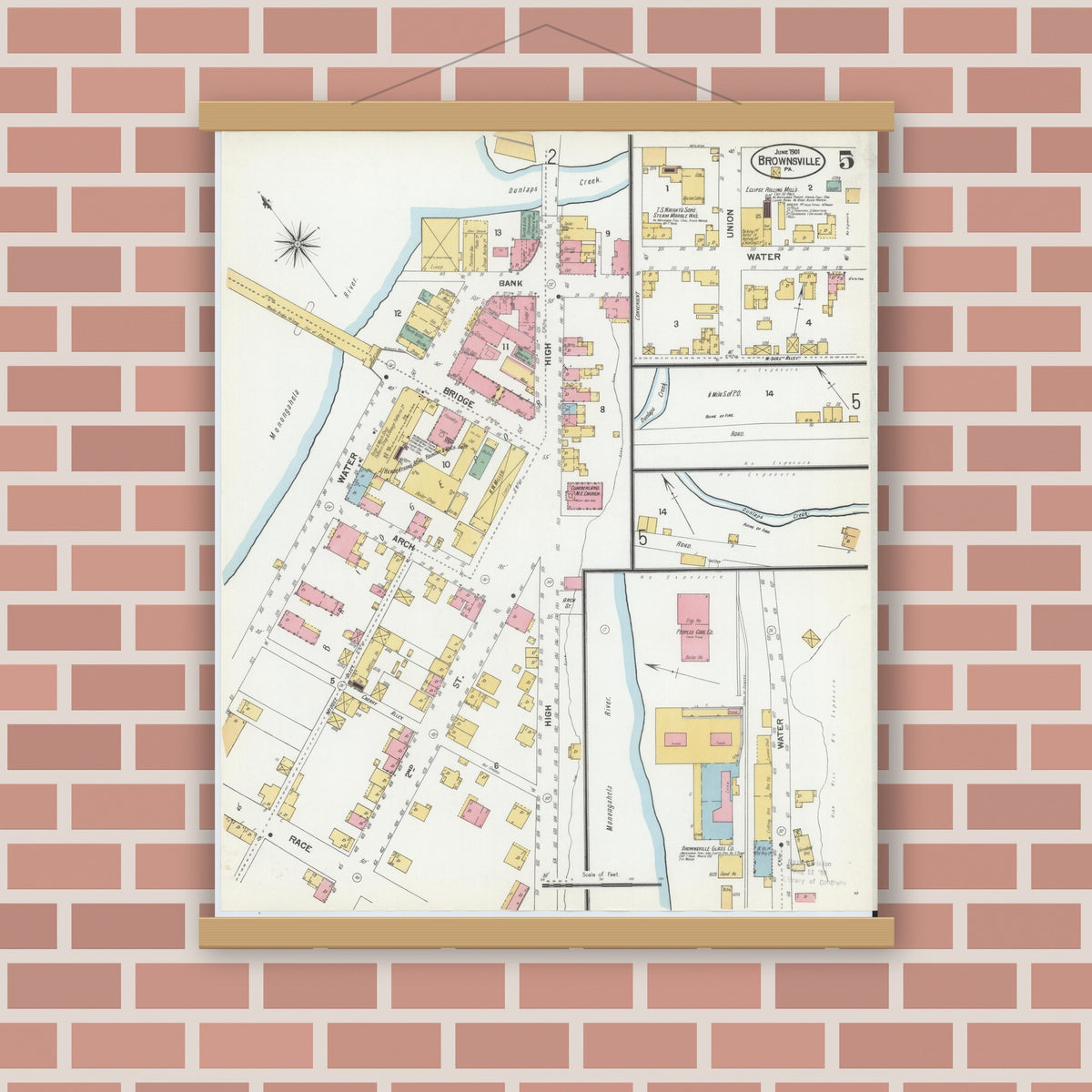 Old map wall art mockup — magnetic wood frame on brick wall — Sanborn Fire Insurance Map from Brownsville, Fayette County, Pennsylvania (1901), Sheet #0005