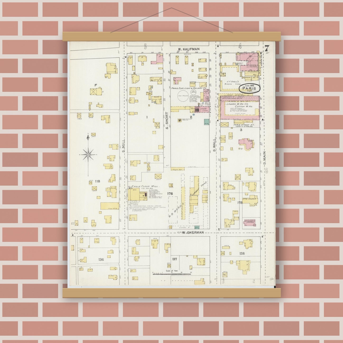 Old map wall art mockup — magnetic wood frame on brick wall — Sanborn Fire Insurance Map from Paris, Lamar County, Texas (1892), Sheet #0007