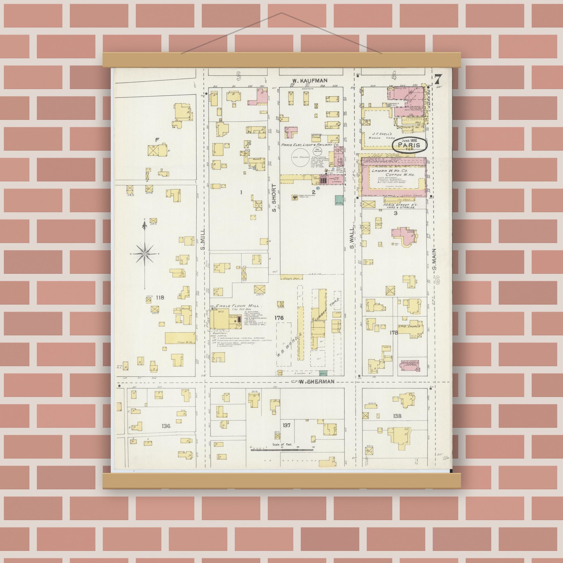 Old map wall art mockup — magnetic wood frame on brick wall — Sanborn Fire Insurance Map from Paris, Lamar County, Texas (1892), Sheet #0007