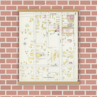 Old map wall art mockup — magnetic wood frame on brick wall — Sanborn Fire Insurance Map from Paris, Lamar County, Texas (1892), Sheet #0007
