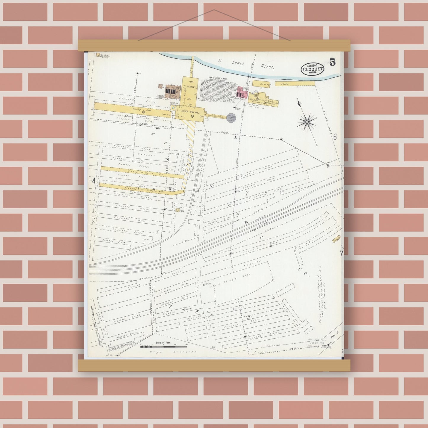 Old map wall art mockup — magnetic wood frame on brick wall — Sanborn Fire Insurance Map from Cloquet, Carlton County, Minnesota (1905), Sheet #0005
