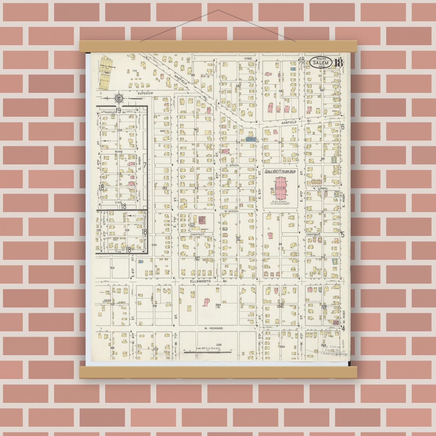 Old map wall art mockup — magnetic wood frame on brick wall — Sanborn Fire Insurance Map from Salem, Columbiana County, Ohio (1915), Sheet #0018