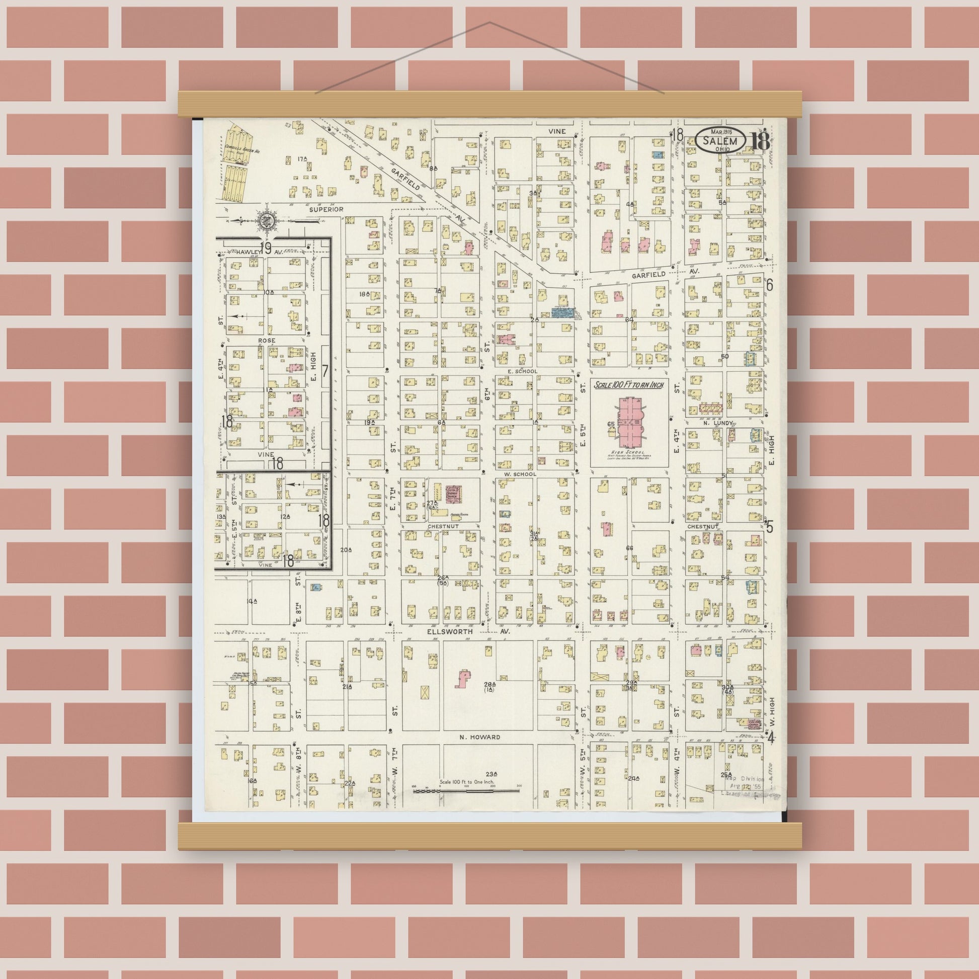 Old map wall art mockup — magnetic wood frame on brick wall — Sanborn Fire Insurance Map from Salem, Columbiana County, Ohio (1915), Sheet #0018