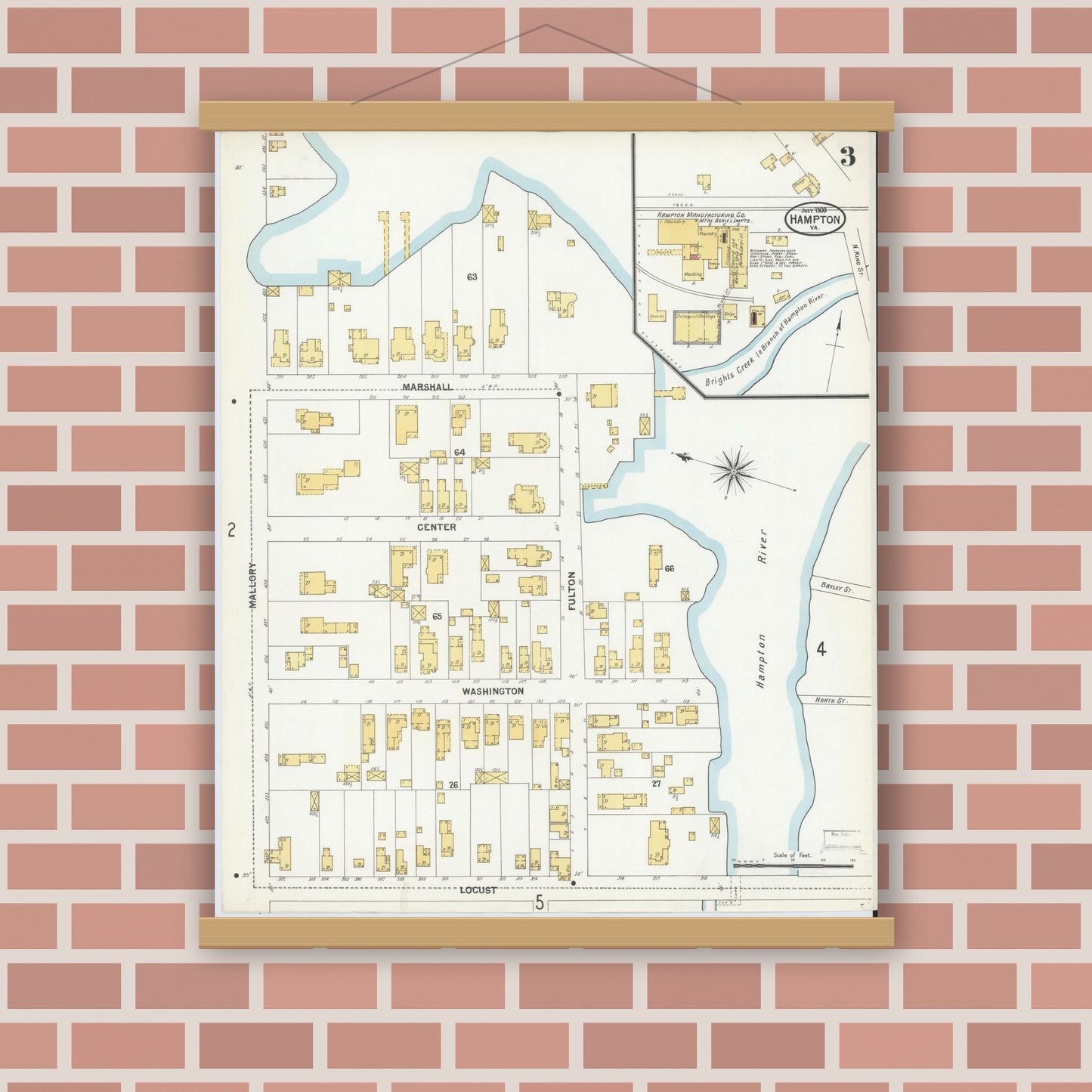 Old map wall art mockup — magnetic wood frame on brick wall — Sanborn Fire Insurance Map from Hampton, Independent Cities, Virginia (1900), Sheet #0003