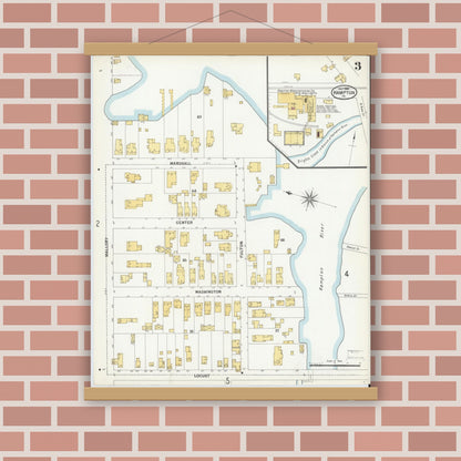 Old map wall art mockup — magnetic wood frame on brick wall — Sanborn Fire Insurance Map from Hampton, Independent Cities, Virginia (1900), Sheet #0003