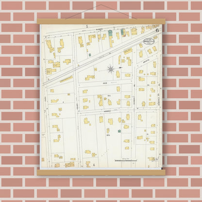 Old map wall art mockup — magnetic wood frame on brick wall — Sanborn Fire Insurance Map from Mansfield, Bristol County, Massachusetts (1903), Sheet #0006