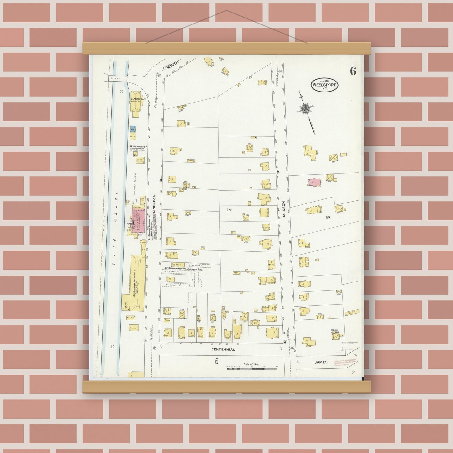 Old map wall art mockup — magnetic wood frame on brick wall — Sanborn Fire Insurance Map from Weedsport, Cayuga County, New York (1911), Sheet #0006