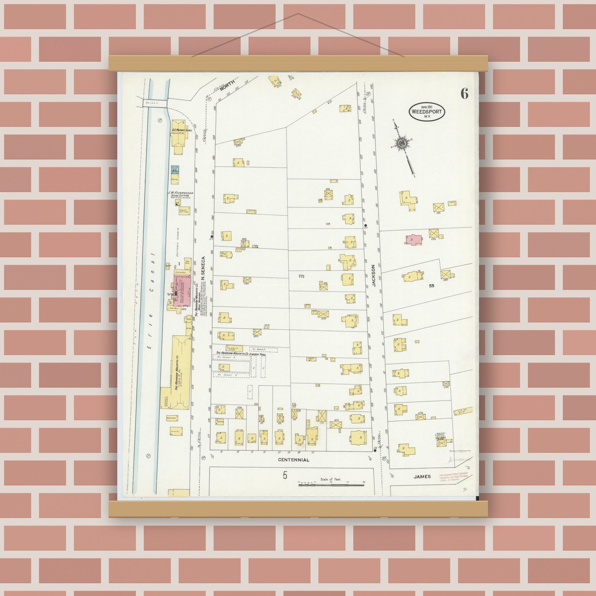 Old map wall art mockup — magnetic wood frame on brick wall — Sanborn Fire Insurance Map from Weedsport, Cayuga County, New York (1911), Sheet #0006