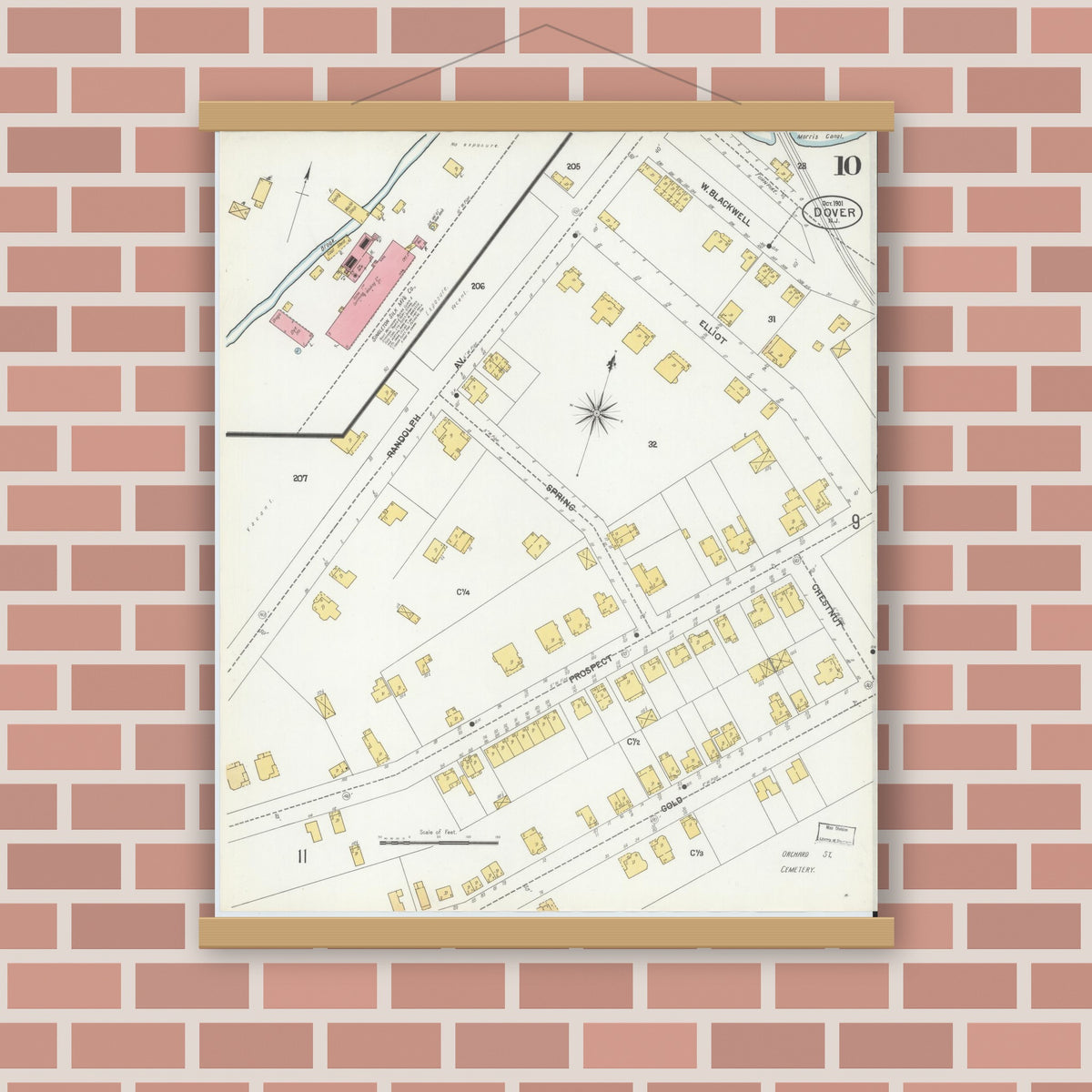 Old map wall art mockup — magnetic wood frame on brick wall — Sanborn Fire Insurance Map from Dover, Morris County, New Jersey (1900), Sheet #0010