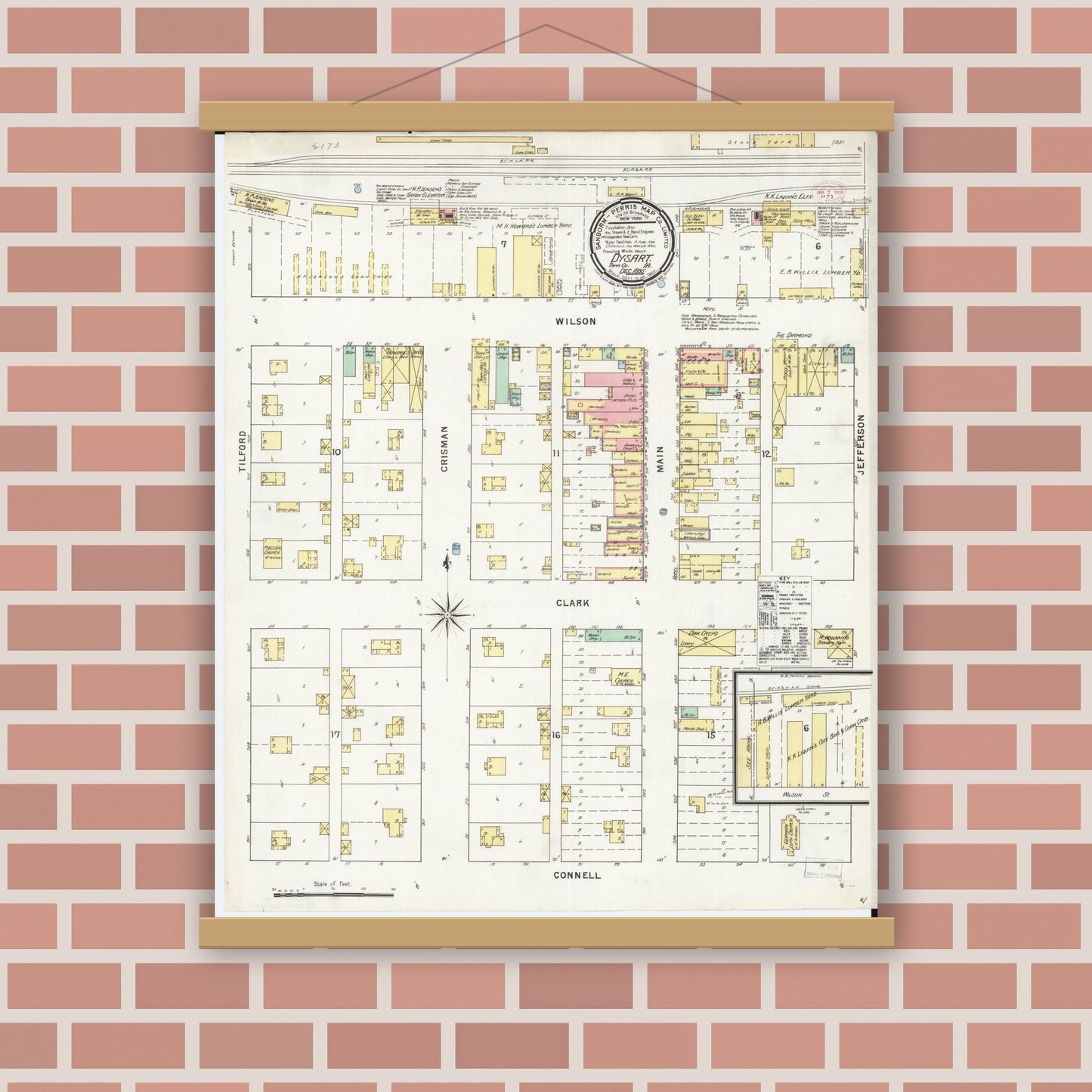Old map wall art mockup — magnetic wood frame on brick wall — Sanborn Fire Insurance Map from Dysart, Tama County, Iowa (1895), Sheet #0001