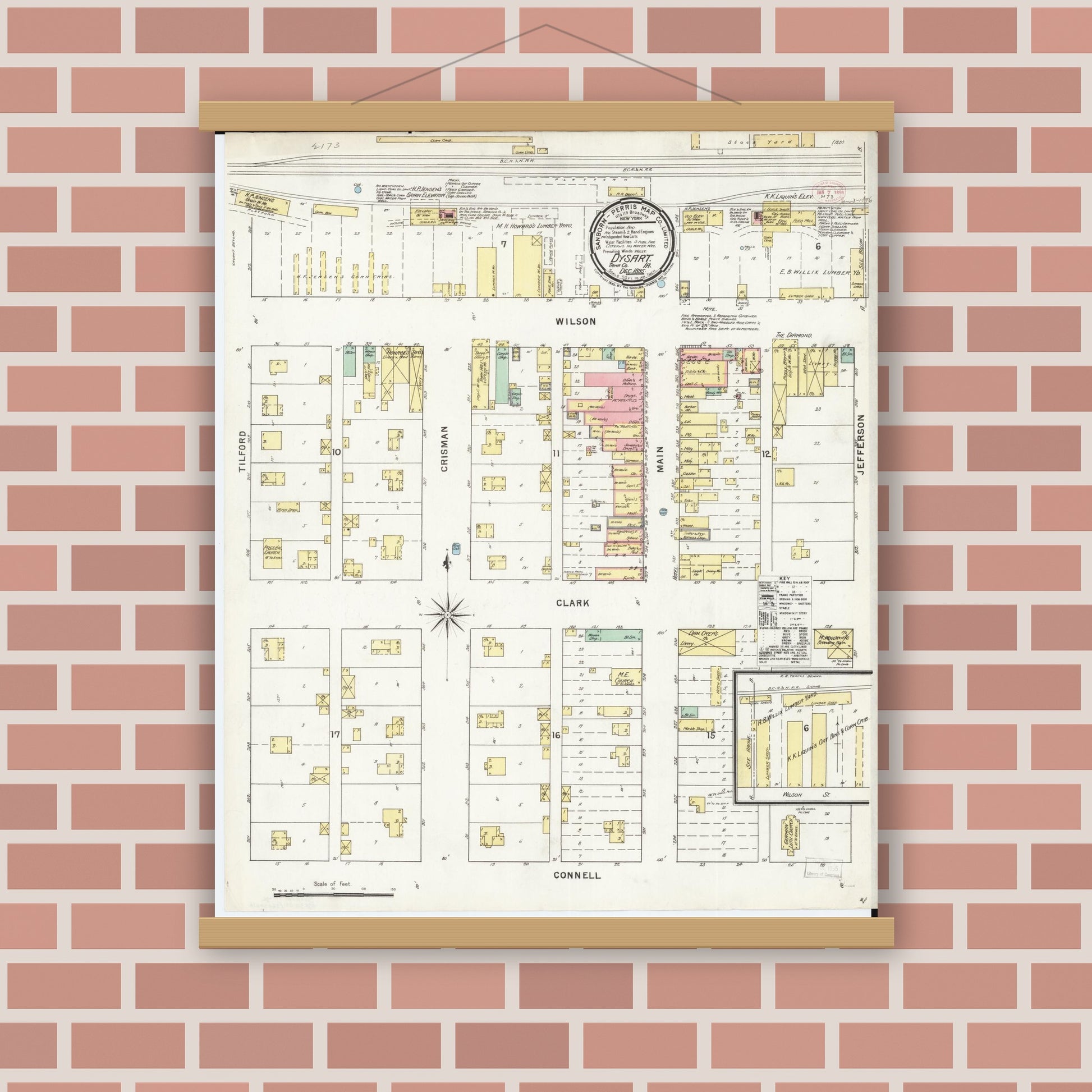 Old map wall art mockup — magnetic wood frame on brick wall — Sanborn Fire Insurance Map from Dysart, Tama County, Iowa (1895), Sheet #0001