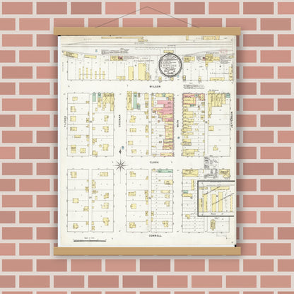 Old map wall art mockup — magnetic wood frame on brick wall — Sanborn Fire Insurance Map from Dysart, Tama County, Iowa (1895), Sheet #0001