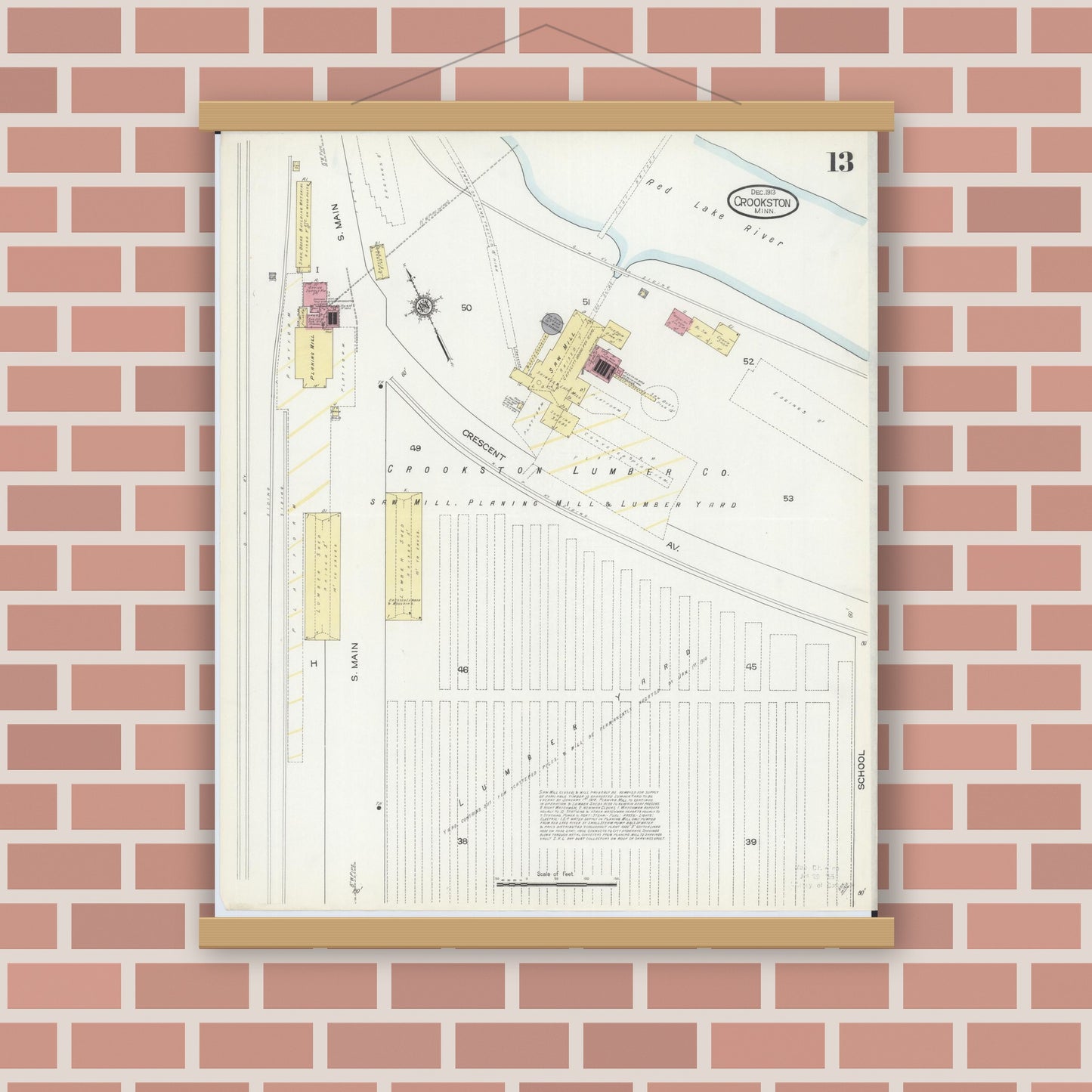 Old map wall art mockup — magnetic wood frame on brick wall — Sanborn Fire Insurance Map from Crookston, Polk County, Minnesota (1913), Sheet #0013