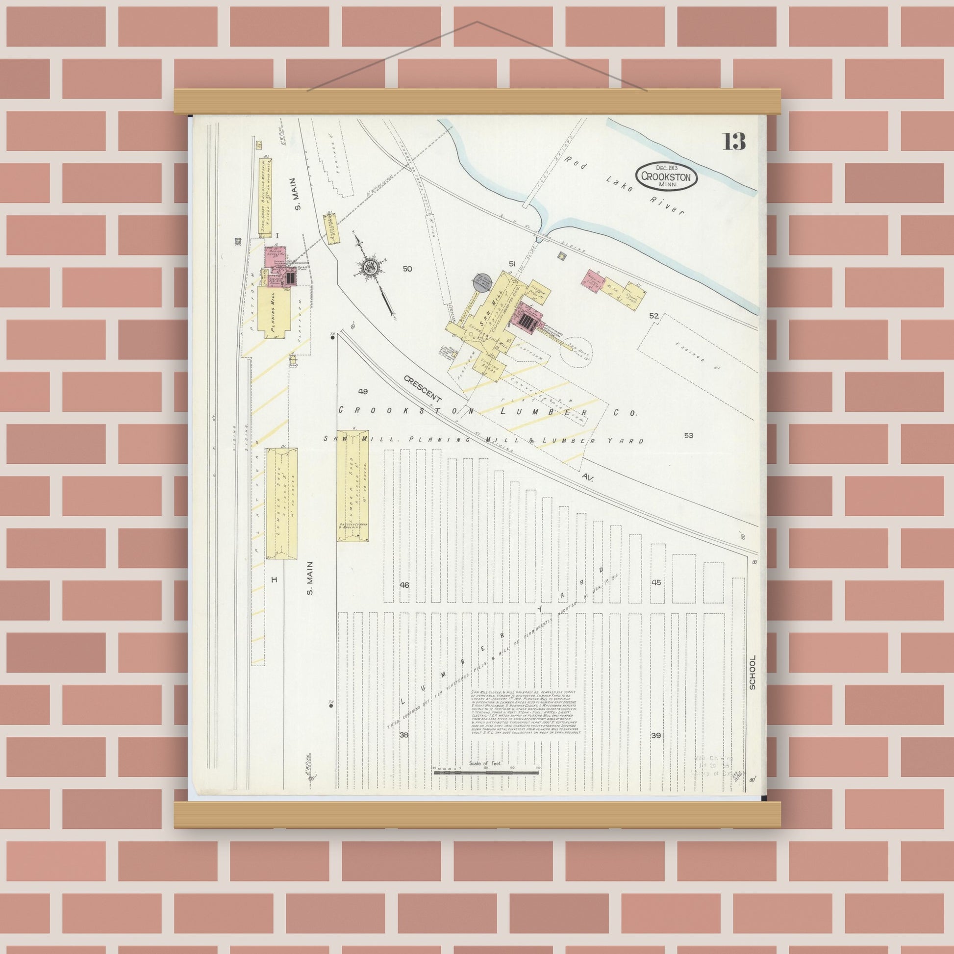 Old map wall art mockup — magnetic wood frame on brick wall — Sanborn Fire Insurance Map from Crookston, Polk County, Minnesota (1913), Sheet #0013