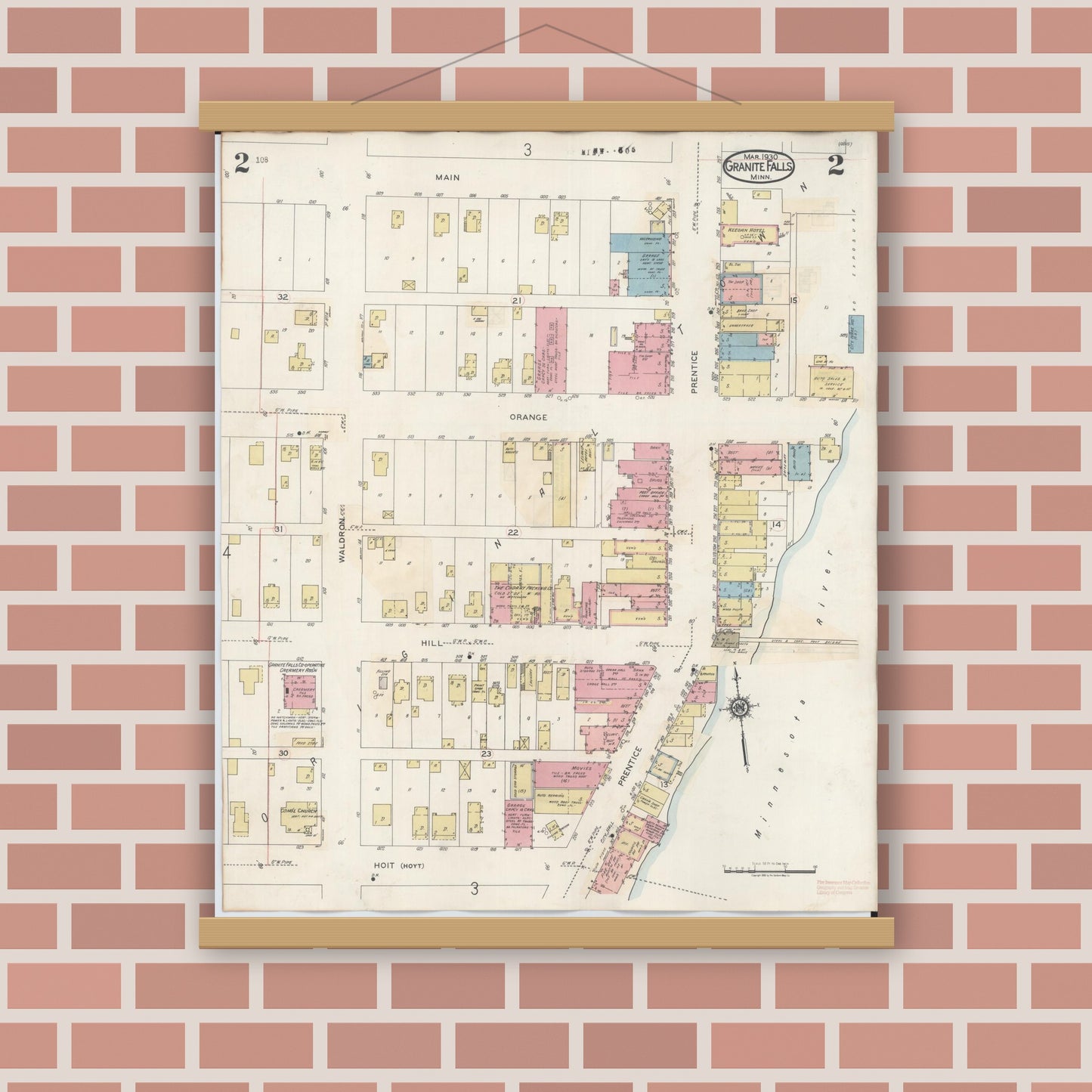 Old map wall art mockup — magnetic wood frame on brick wall — Sanborn Fire Insurance Map from Granite Falls, Yellow Medicine And Chippewa Counties, Minnesota (1941), Sheet #0002