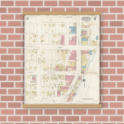 Old map wall art mockup — magnetic wood frame on brick wall — Sanborn Fire Insurance Map from Granite Falls, Yellow Medicine And Chippewa Counties, Minnesota (1941), Sheet #0002