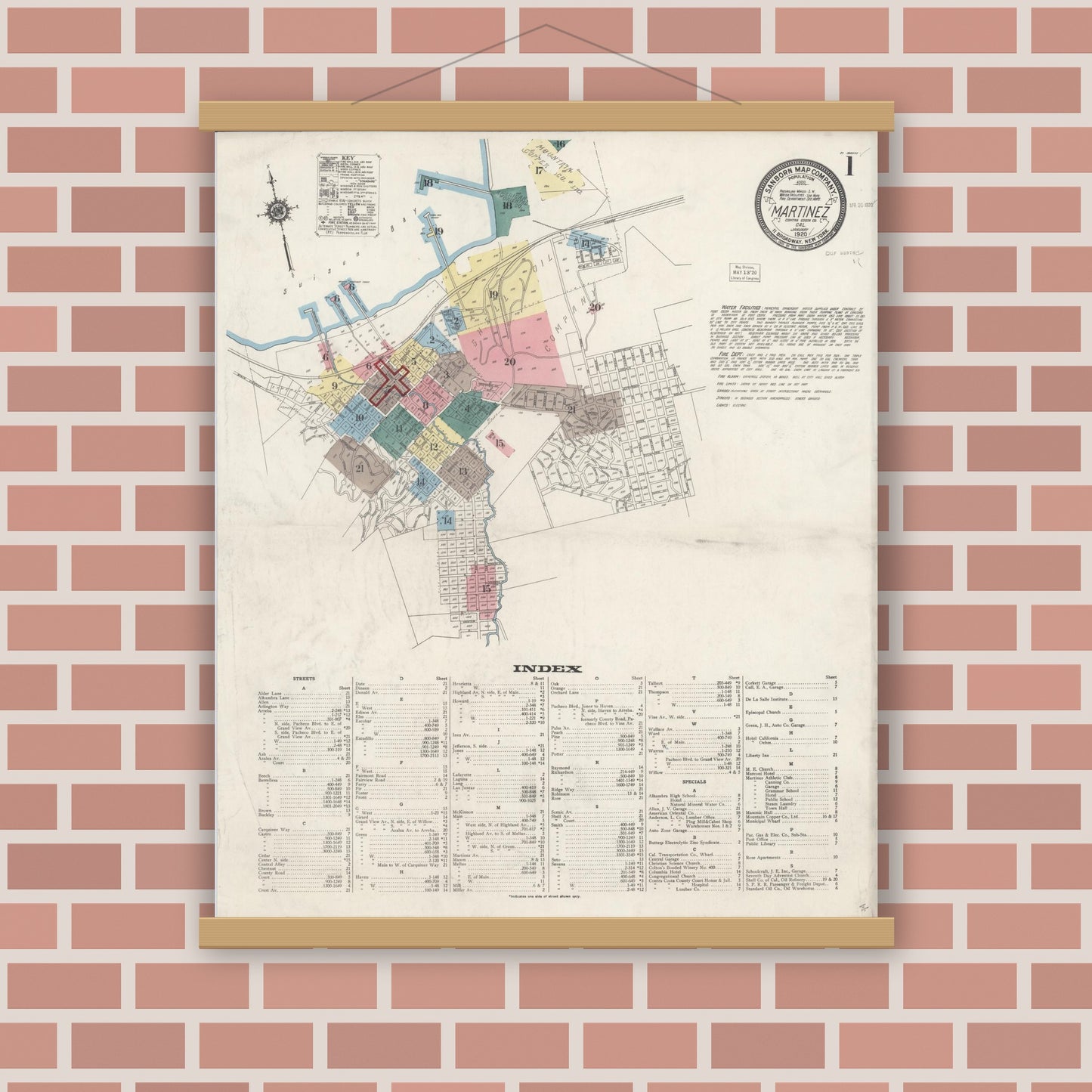 Old map wall art mockup — magnetic wood frame on brick wall — Sanborn Fire Insurance Map from Martinez, Contra Costa County, California (1920) - Complete Map Set
