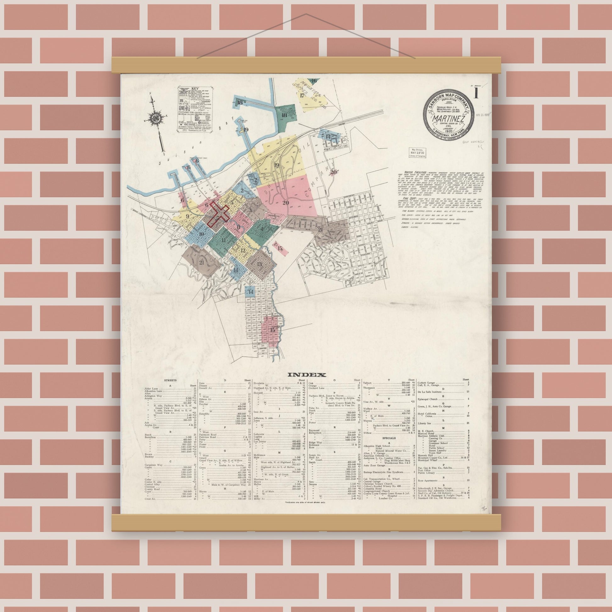 Old map wall art mockup — magnetic wood frame on brick wall — Sanborn Fire Insurance Map from Martinez, Contra Costa County, California (1920) - Complete Map Set