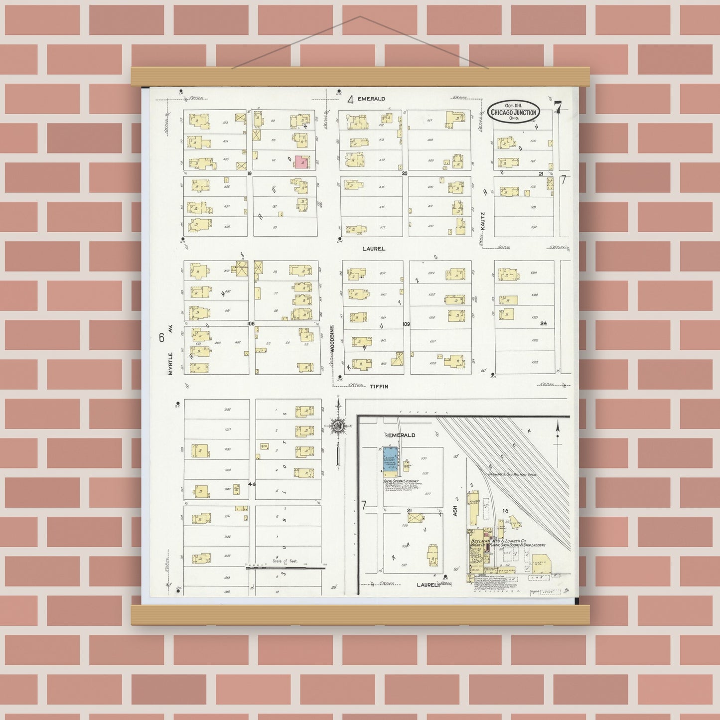 Old map wall art mockup — magnetic wood frame on brick wall — Sanborn Fire Insurance Map from Chicago Junction, Huron County, Ohio (1911), Sheet #0007