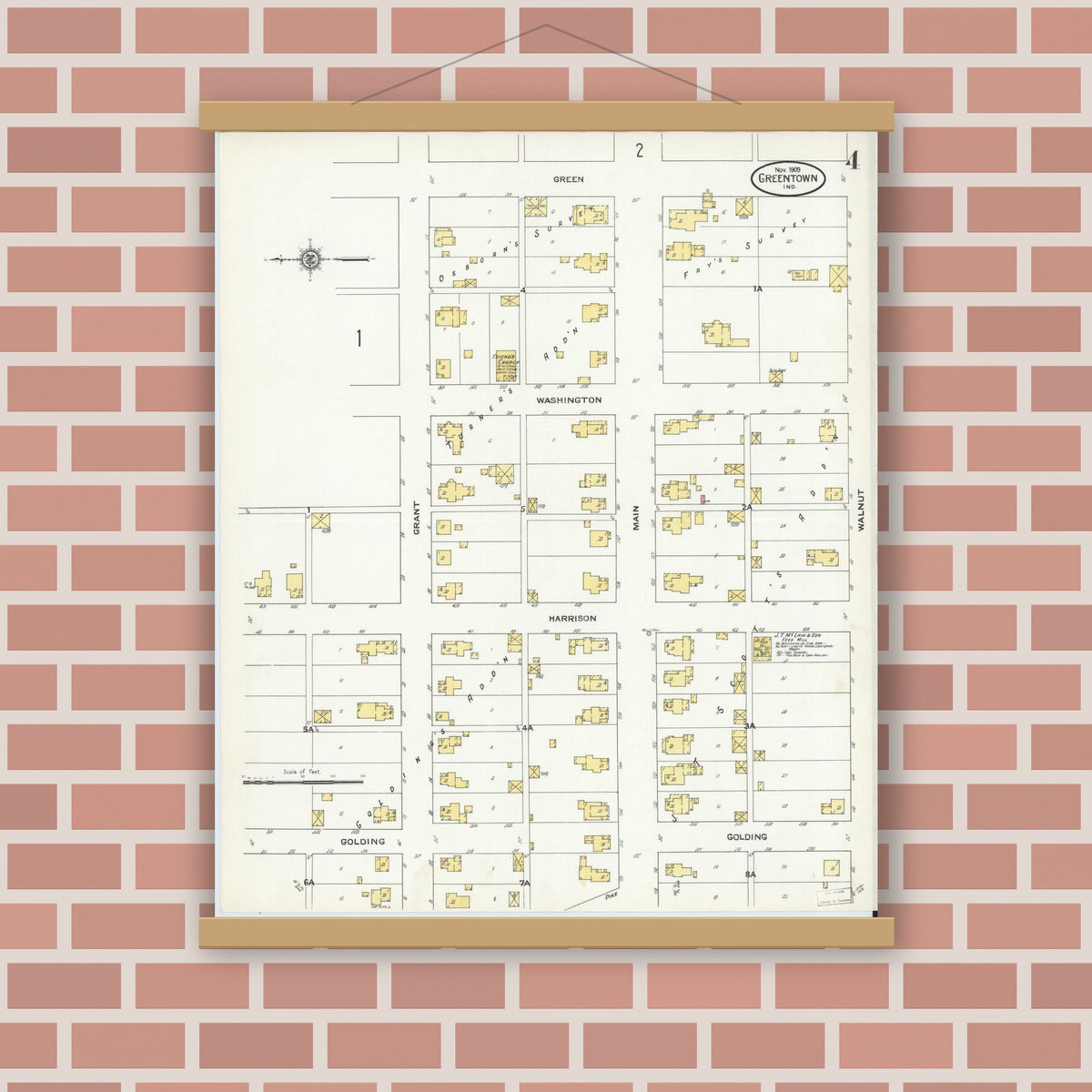 Old map wall art mockup — magnetic wood frame on brick wall — Sanborn Fire Insurance Map from Greentown, Howard County, Indiana (1909), Sheet #0004