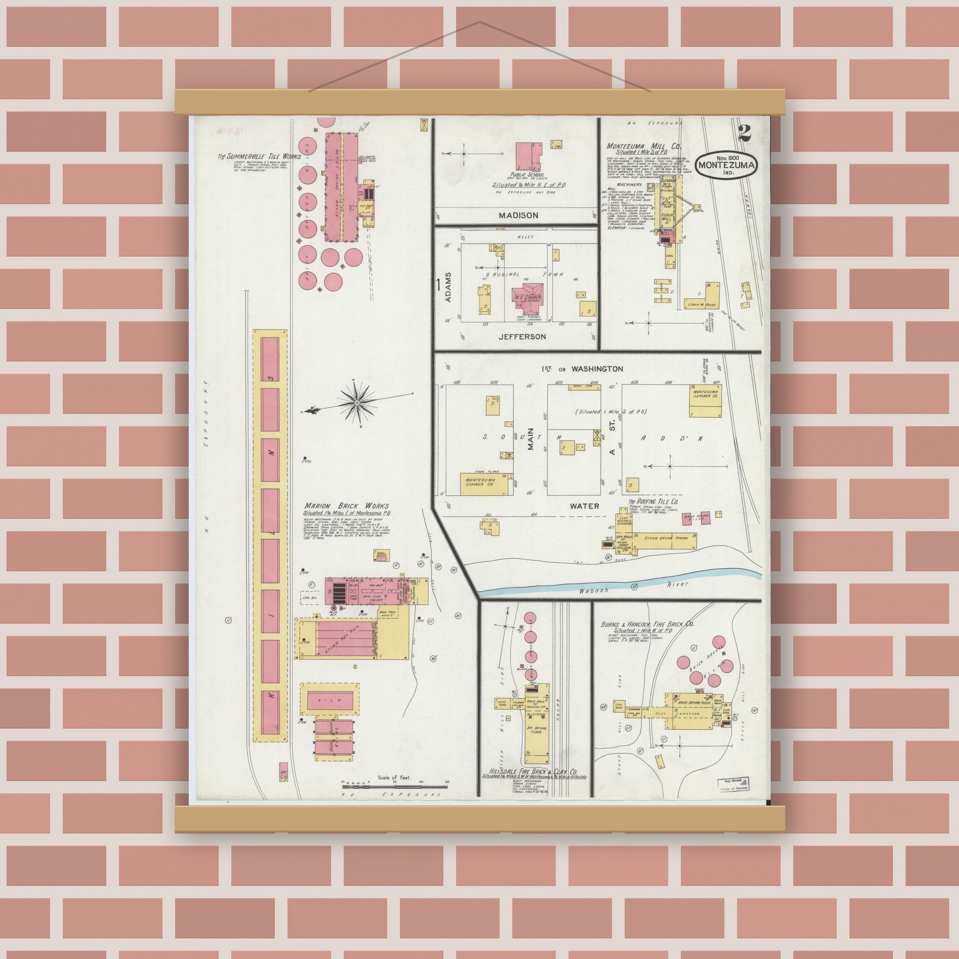 Old map wall art mockup — magnetic wood frame on brick wall — Sanborn Fire Insurance Map from Montezuma, Parke County, Indiana (1900), Sheet #0002