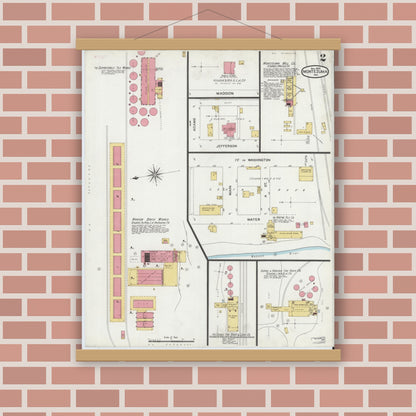 Old map wall art mockup — magnetic wood frame on brick wall — Sanborn Fire Insurance Map from Montezuma, Parke County, Indiana (1900), Sheet #0002