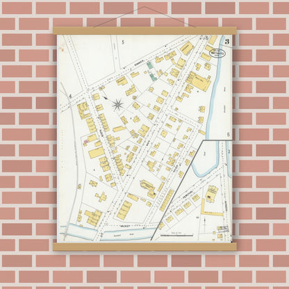 Old map wall art mockup — magnetic wood frame on brick wall — Sanborn Fire Insurance Map from Maynard, Middlesex County, Massachusetts (1904), Sheet #0003