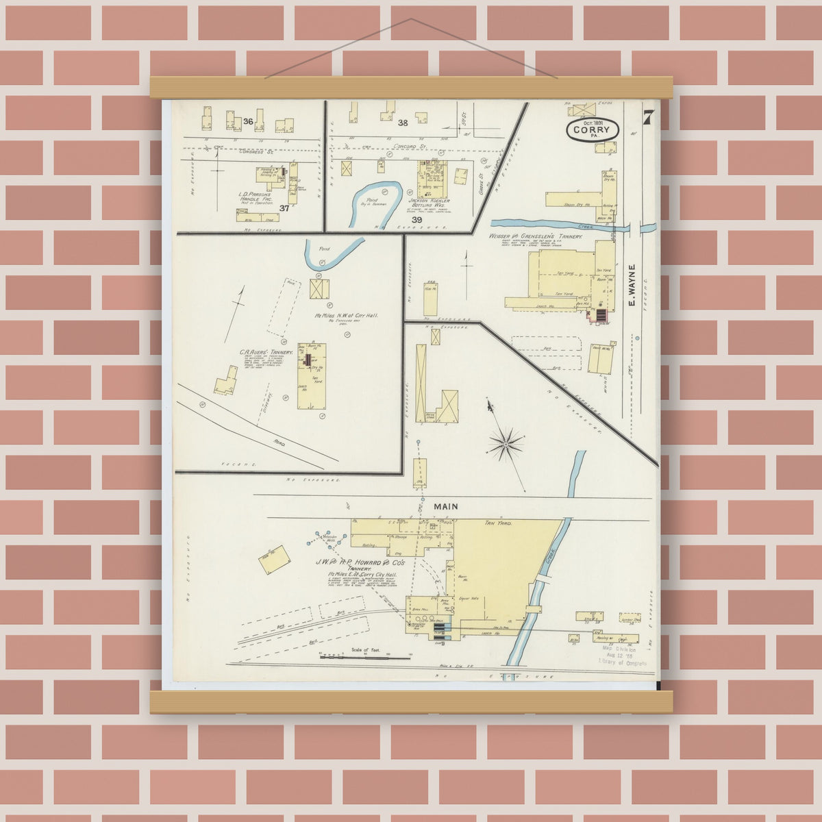 Old map wall art mockup — magnetic wood frame on brick wall — Sanborn Fire Insurance Map from Corry, Erie County, Pennsylvania (1891), Sheet #0007