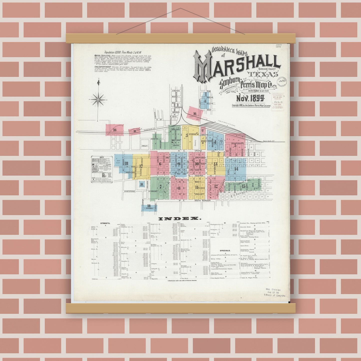 Old map wall art mockup — magnetic wood frame on brick wall — Sanborn Fire Insurance Map from Marshall, Harrison County, Texas (1899) - Complete Map Set