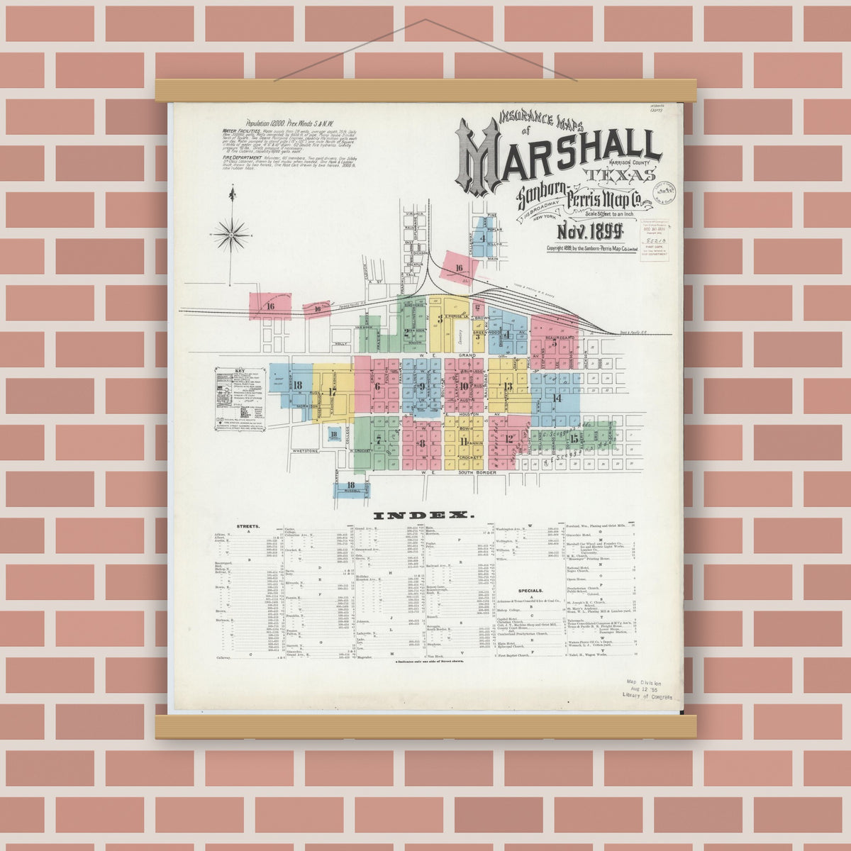 Old map wall art mockup — magnetic wood frame on brick wall — Sanborn Fire Insurance Map from Marshall, Harrison County, Texas (1899) - Complete Map Set