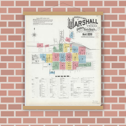 Old map wall art mockup — magnetic wood frame on brick wall — Sanborn Fire Insurance Map from Marshall, Harrison County, Texas (1899) - Complete Map Set