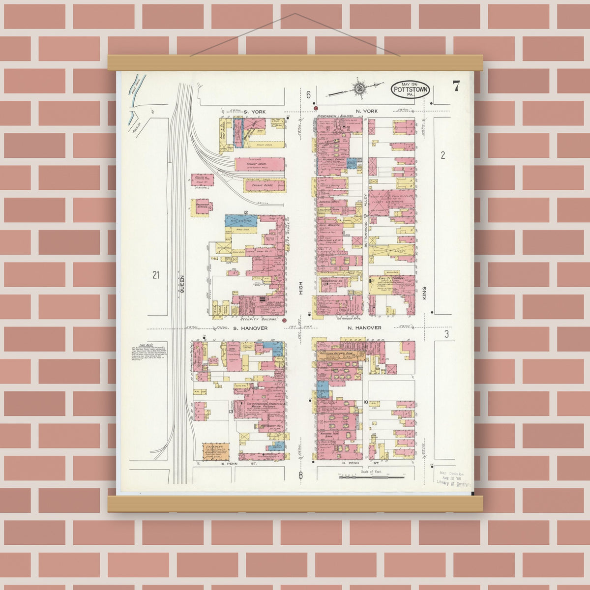 Old map wall art mockup — magnetic wood frame on brick wall — Sanborn Fire Insurance Map from Pottstown, Montgomery County, Pennsylvania (1916), Sheet #0007