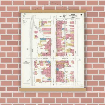 Old map wall art mockup — magnetic wood frame on brick wall — Sanborn Fire Insurance Map from Pottstown, Montgomery County, Pennsylvania (1916), Sheet #0007