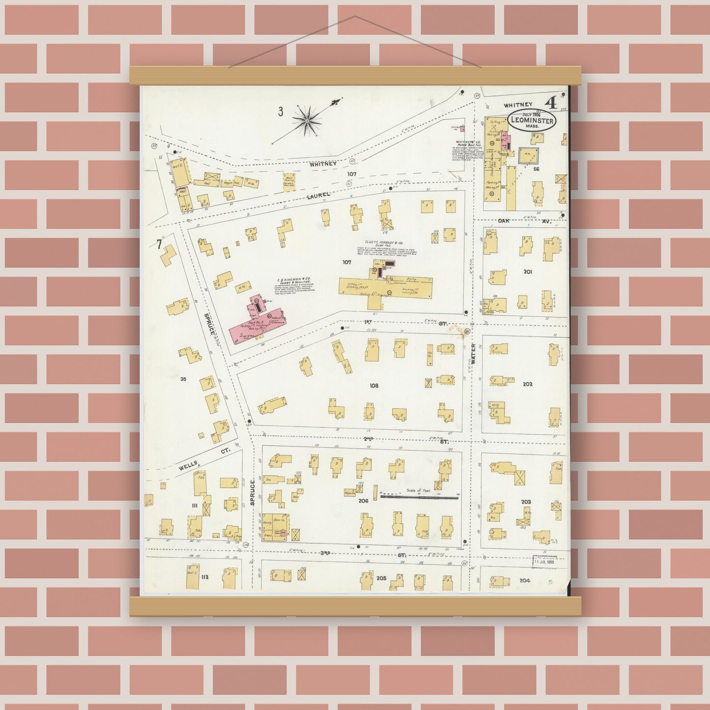 Old map wall art mockup — magnetic wood frame on brick wall — Sanborn Fire Insurance Map from Leominster, Worcester County, Massachusetts (1906), Sheet #0004
