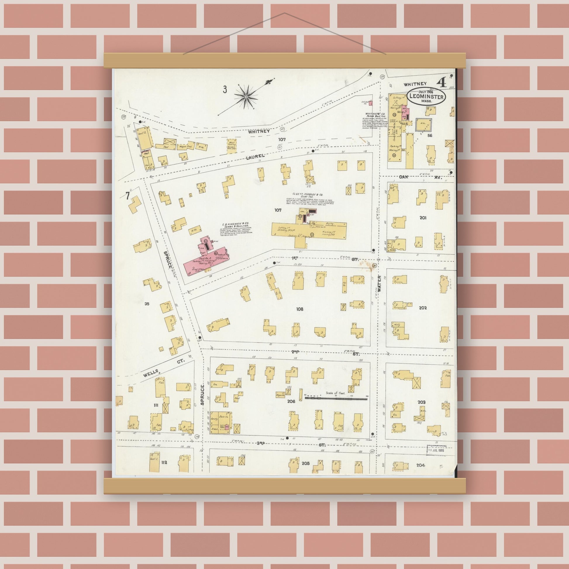 Old map wall art mockup — magnetic wood frame on brick wall — Sanborn Fire Insurance Map from Leominster, Worcester County, Massachusetts (1906), Sheet #0004