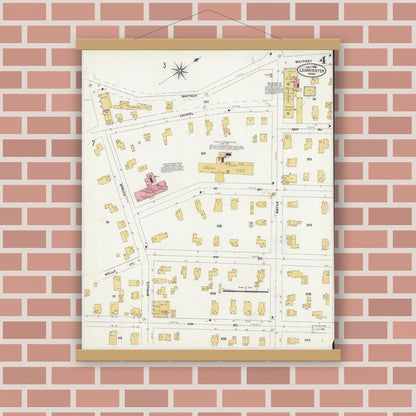 Old map wall art mockup — magnetic wood frame on brick wall — Sanborn Fire Insurance Map from Leominster, Worcester County, Massachusetts (1906), Sheet #0004