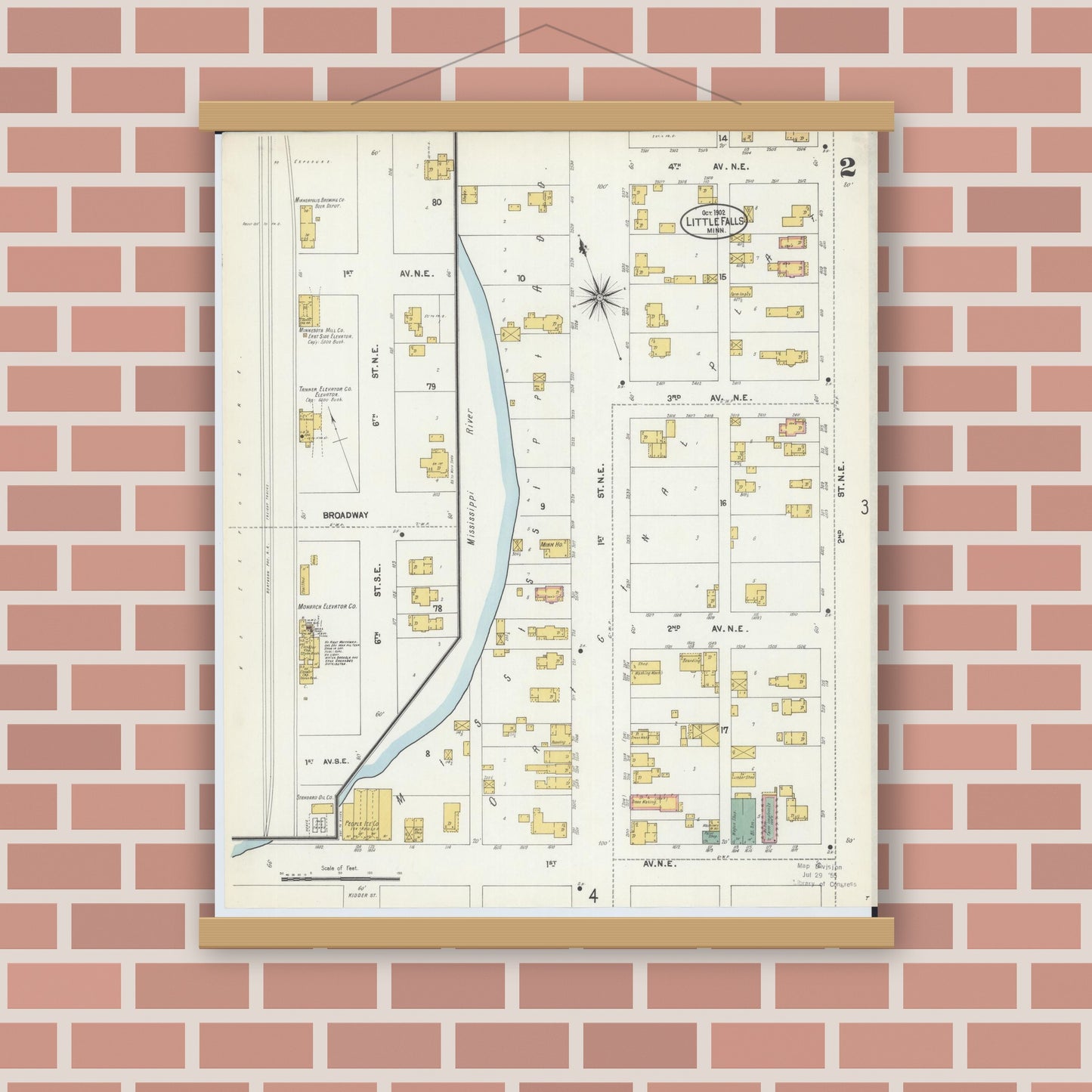 Old map wall art mockup — magnetic wood frame on brick wall — Sanborn Fire Insurance Map from Little Falls, Morrison County, Minnesota (1902), Sheet #0002