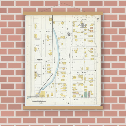 Old map wall art mockup — magnetic wood frame on brick wall — Sanborn Fire Insurance Map from Little Falls, Morrison County, Minnesota (1902), Sheet #0002
