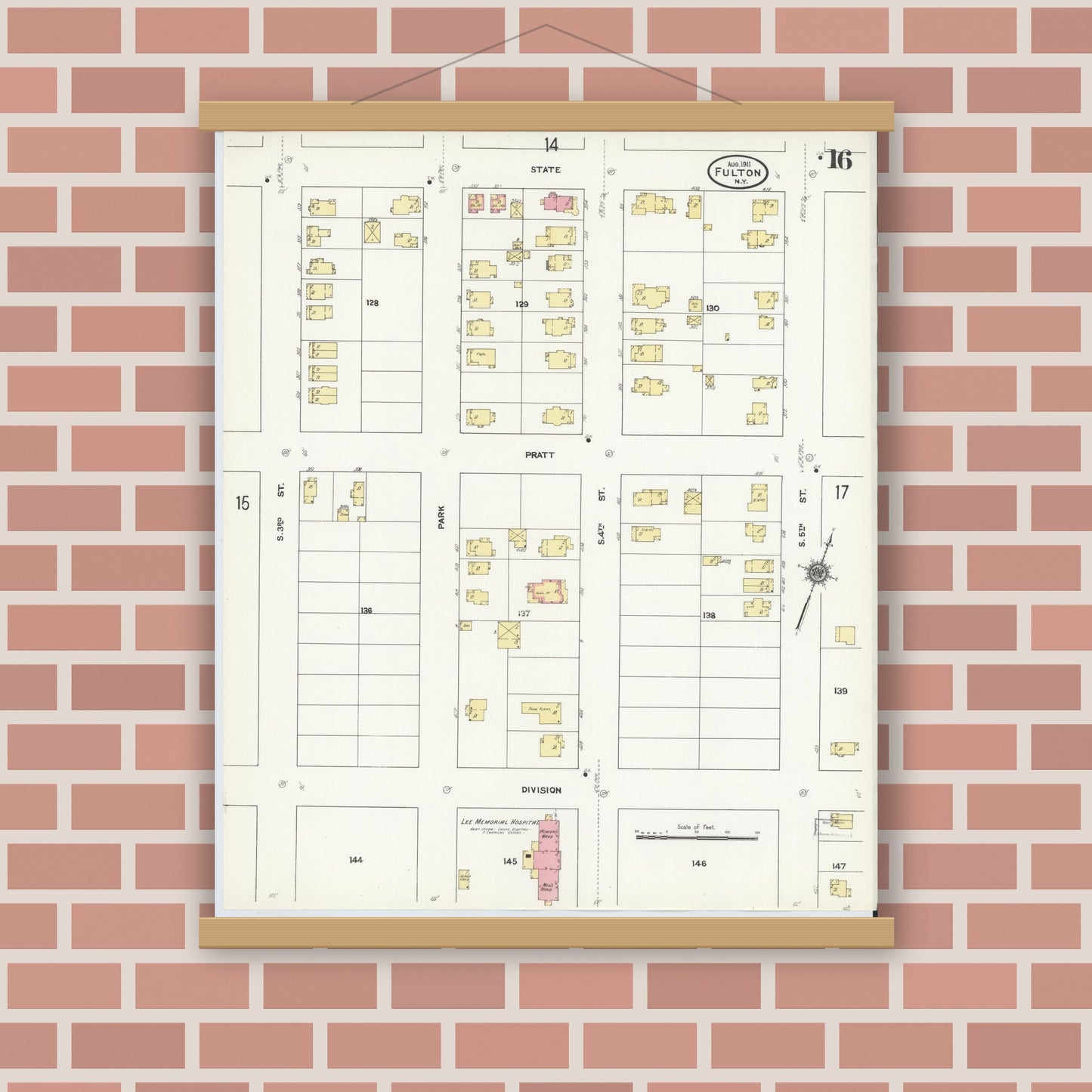 Old map wall art mockup — magnetic wood frame on brick wall — Sanborn Fire Insurance Map from Fulton, Oswego County, New York (1911), Sheet #0016