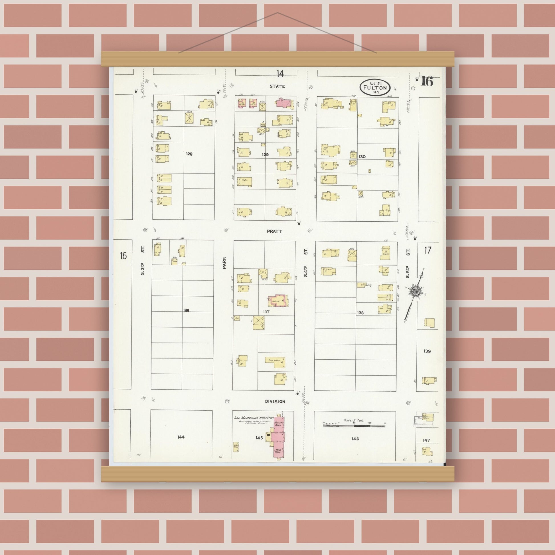 Old map wall art mockup — magnetic wood frame on brick wall — Sanborn Fire Insurance Map from Fulton, Oswego County, New York (1911), Sheet #0016