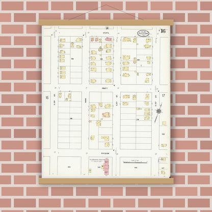 Old map wall art mockup — magnetic wood frame on brick wall — Sanborn Fire Insurance Map from Fulton, Oswego County, New York (1911), Sheet #0016
