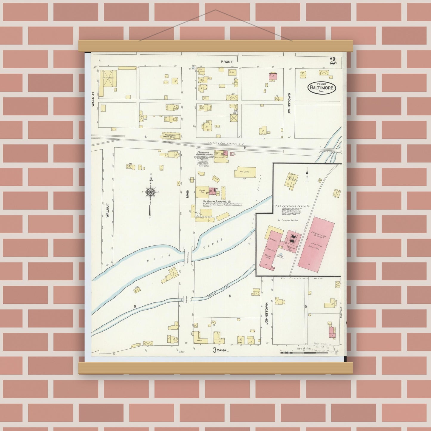 Old map wall art mockup — magnetic wood frame on brick wall — Sanborn Fire Insurance Map from Baltimore, Fairfield County, Ohio (1910), Sheet #0002