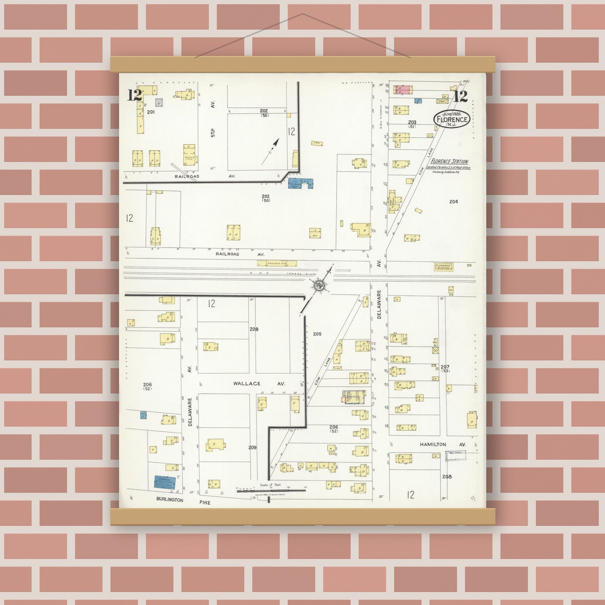 Old map wall art mockup — magnetic wood frame on brick wall — Sanborn Fire Insurance Map from Florence, Burlington County, New Jersey (1926), Sheet #0012